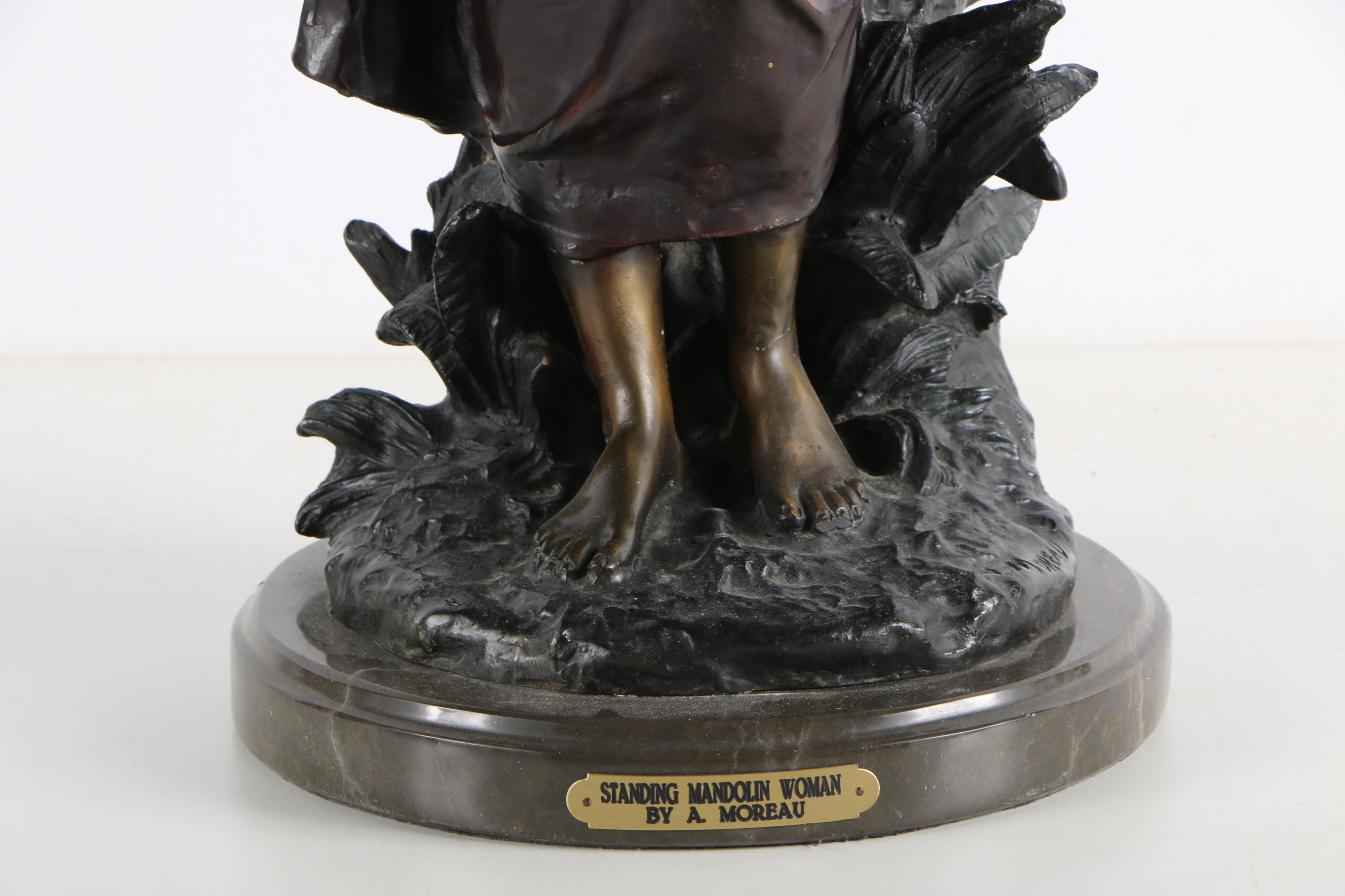 After A. Moreau Brass Sculpture on Marble Base "Standing Mandolin Woman"