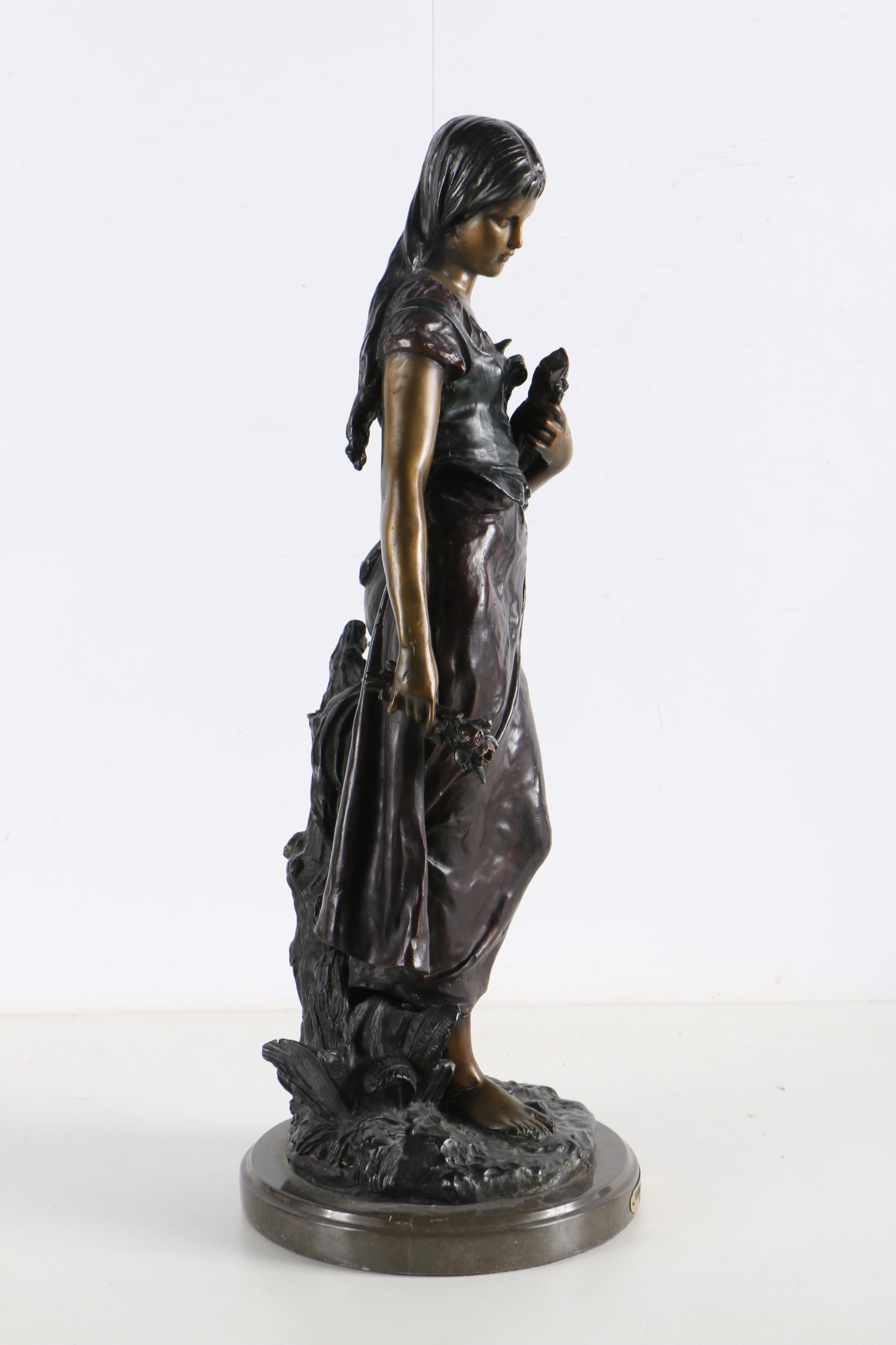 After A. Moreau Brass Sculpture on Marble Base "Standing Mandolin Woman"