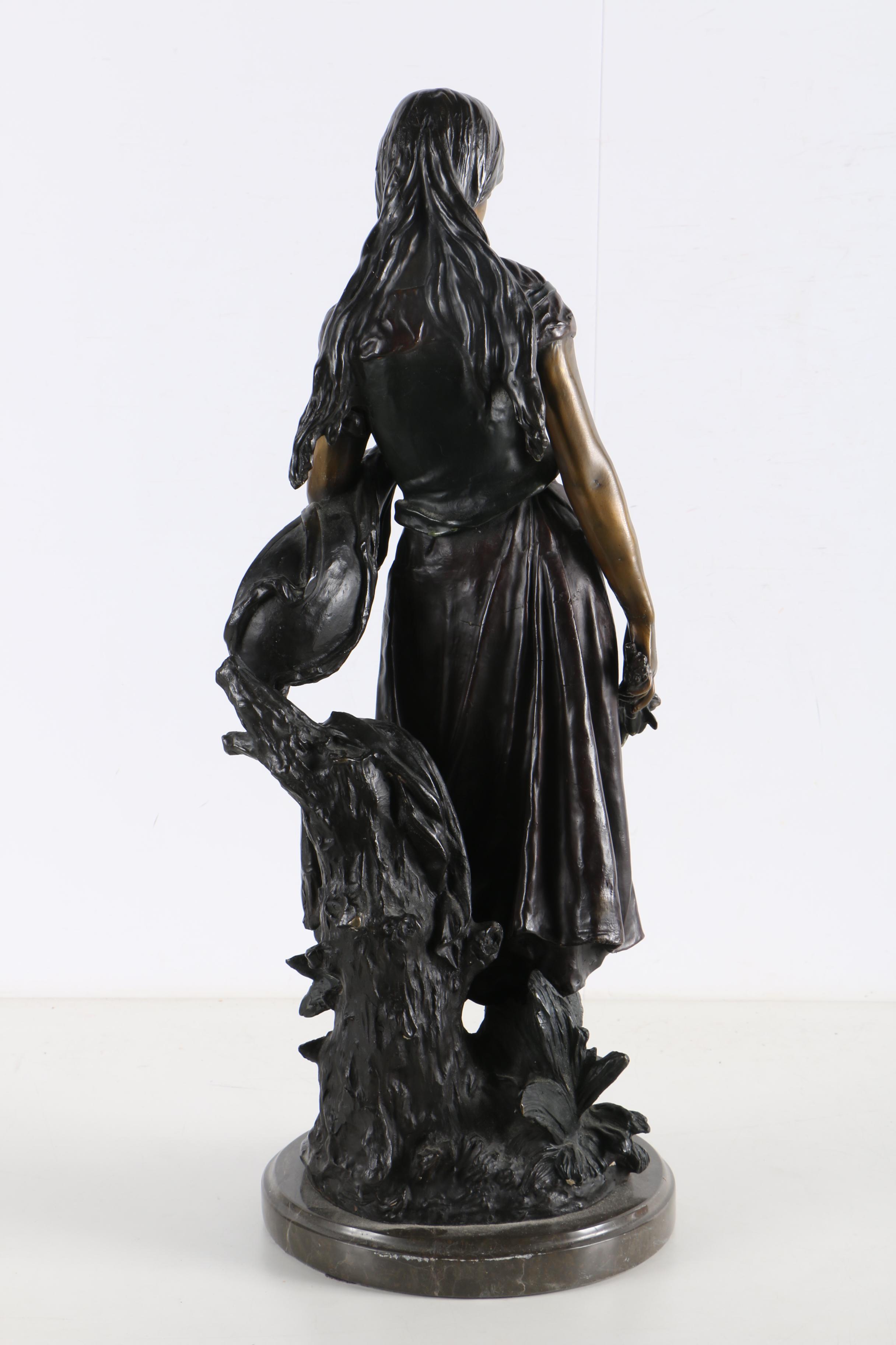 After A. Moreau Brass Sculpture on Marble Base "Standing Mandolin Woman"