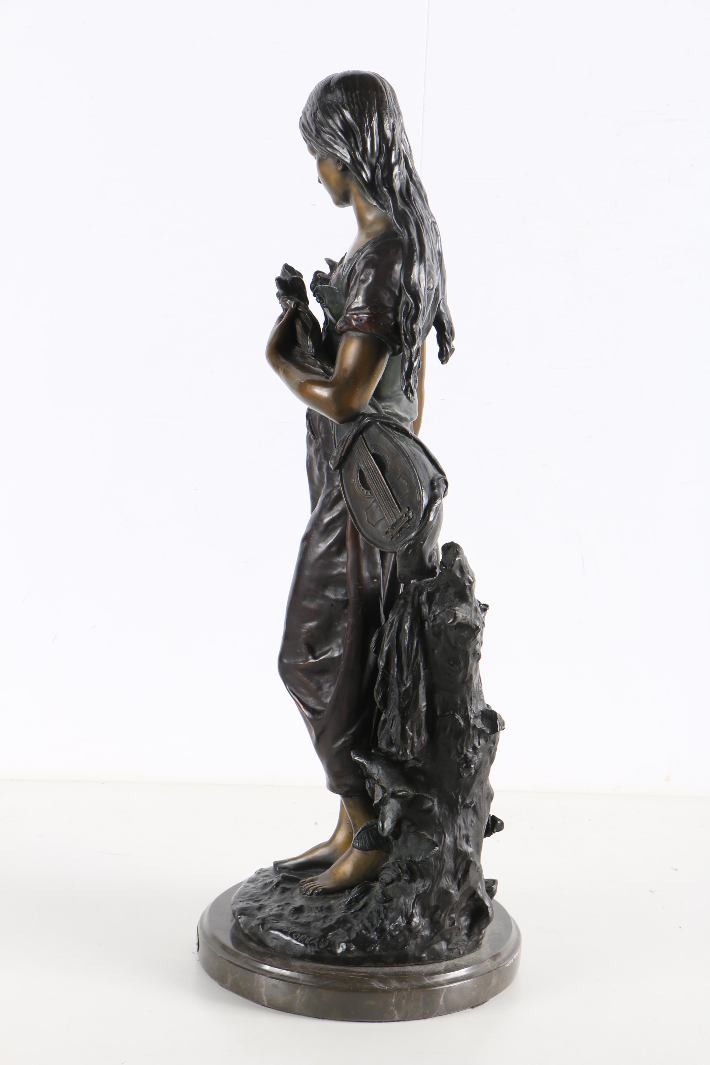 After A. Moreau Brass Sculpture on Marble Base "Standing Mandolin Woman"