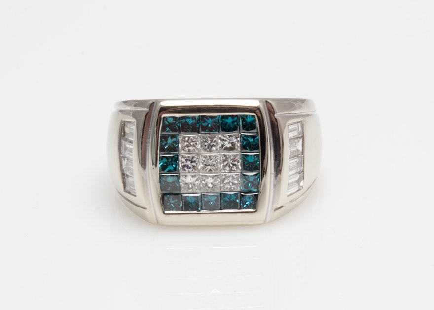 18K White Gold 1.90 CTW Diamond and Blue Diamond Ring