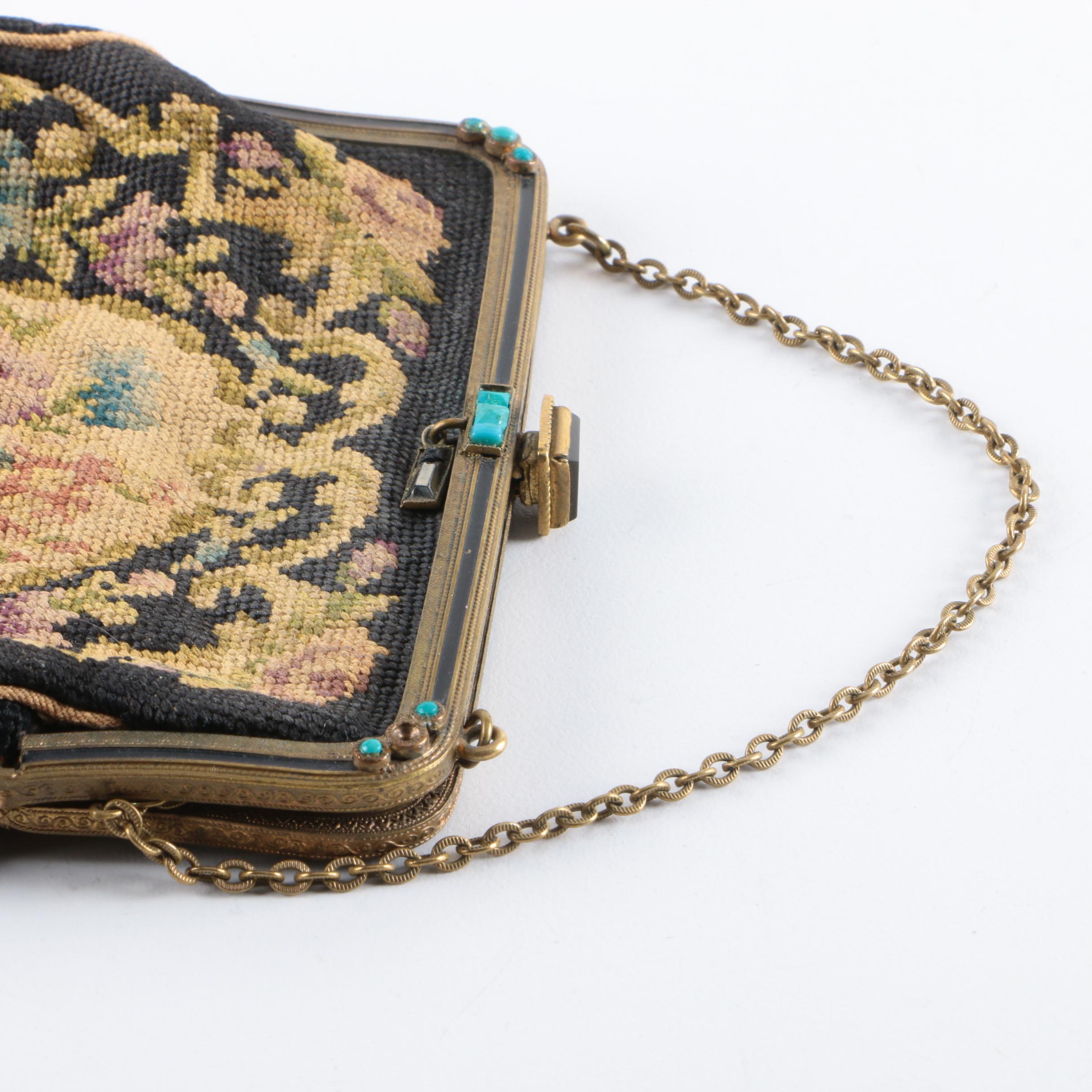 Semi-Antique Petit Point Purse with Reconstituted Turquoise Accent Stones