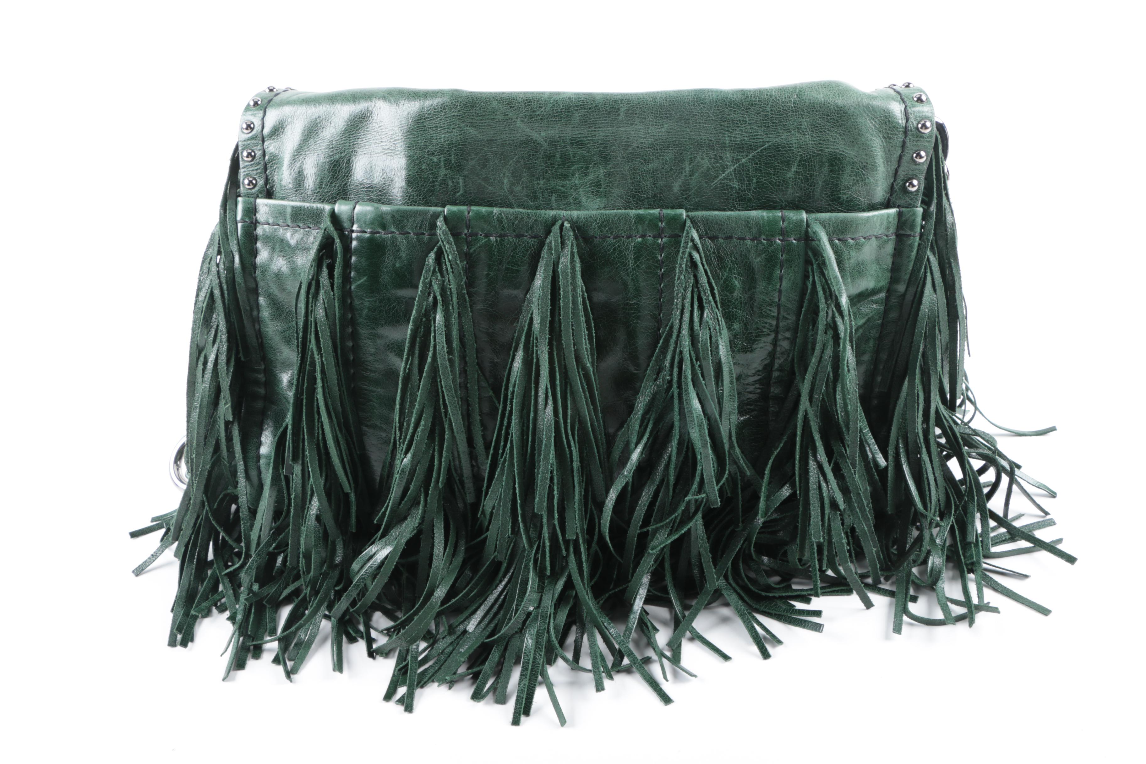 Prada Green Leather Vitello Shine Fringe Satchel