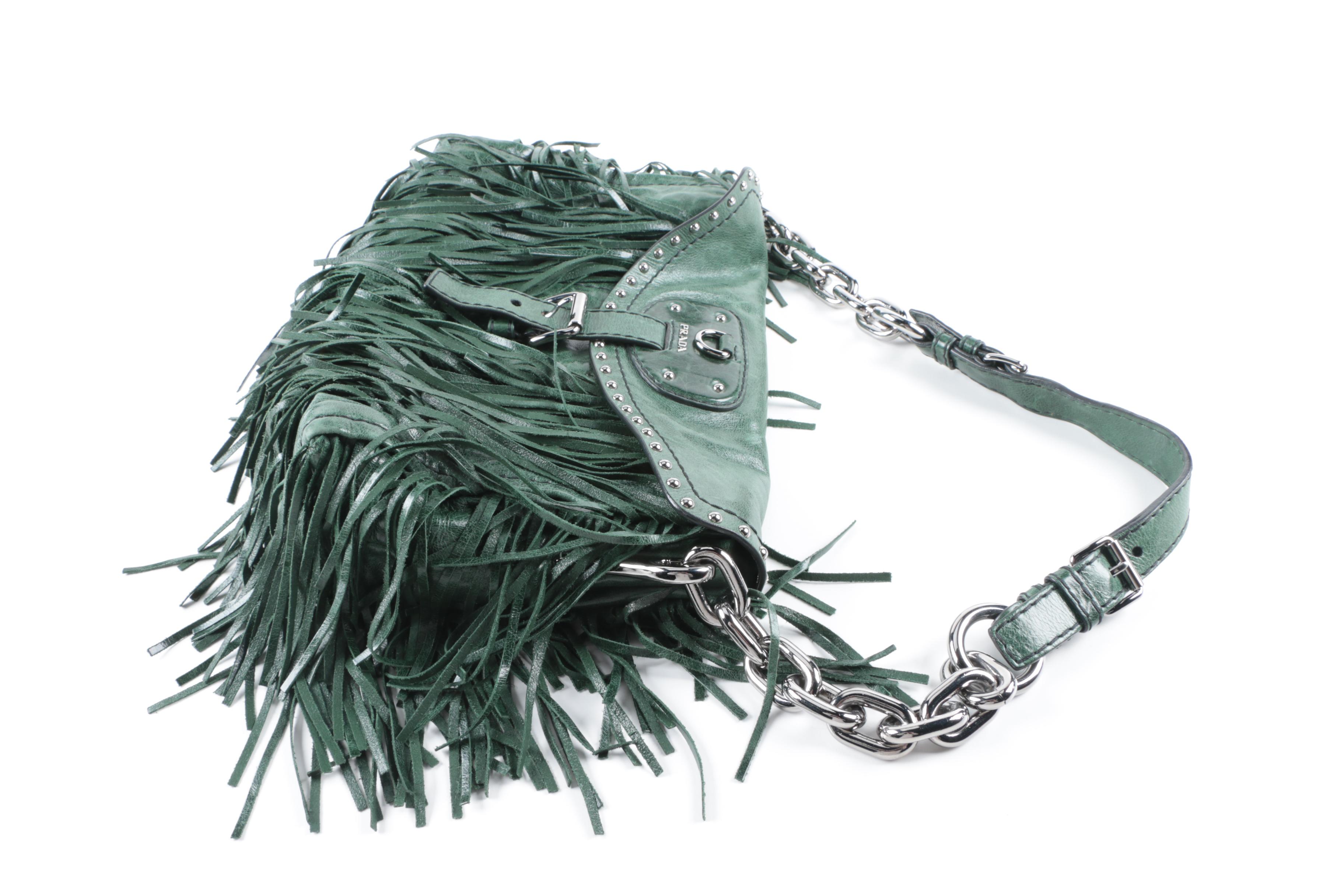 Prada Green Leather Vitello Shine Fringe Satchel