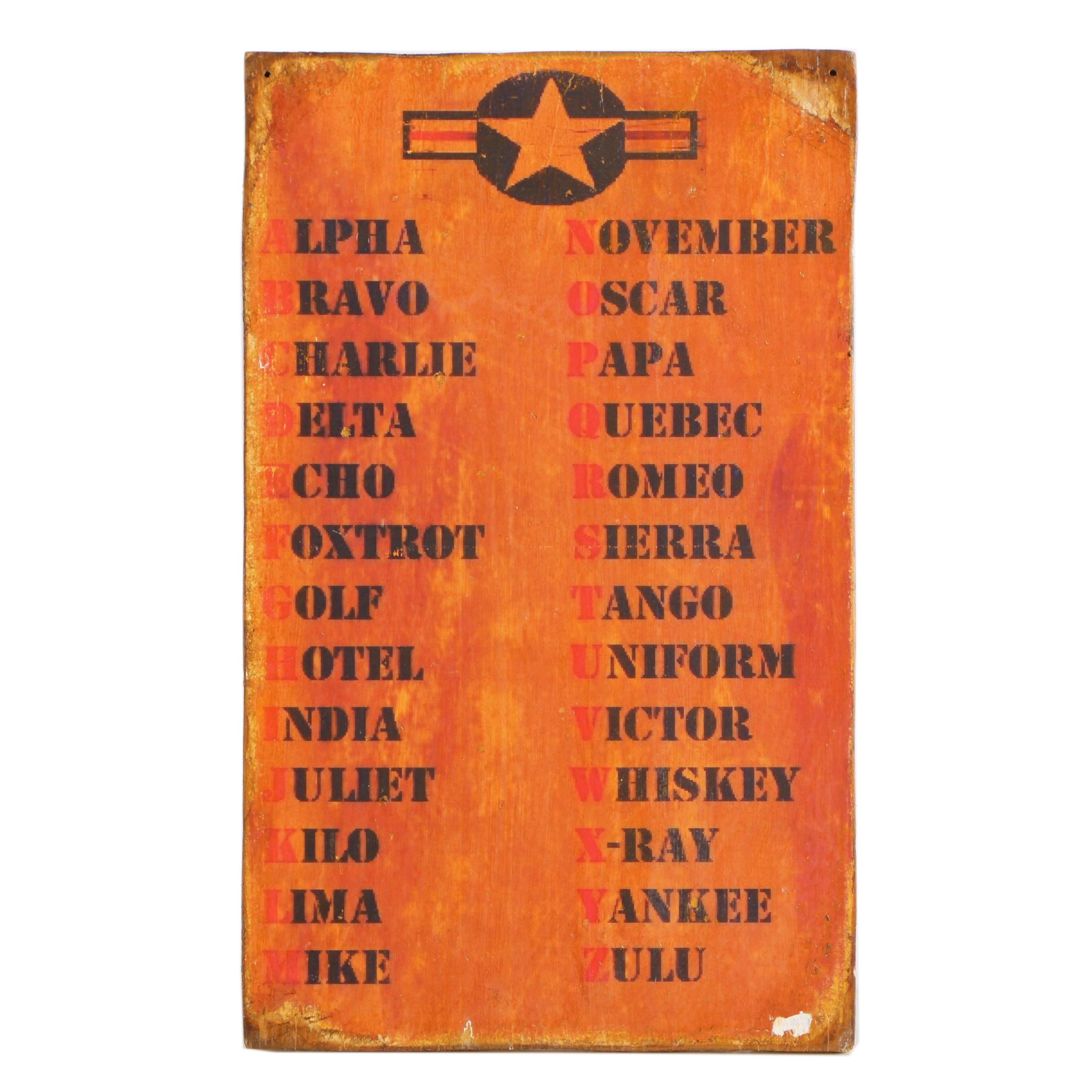 Vintage Sign with Phonetic Alphabet Call Sign Letters