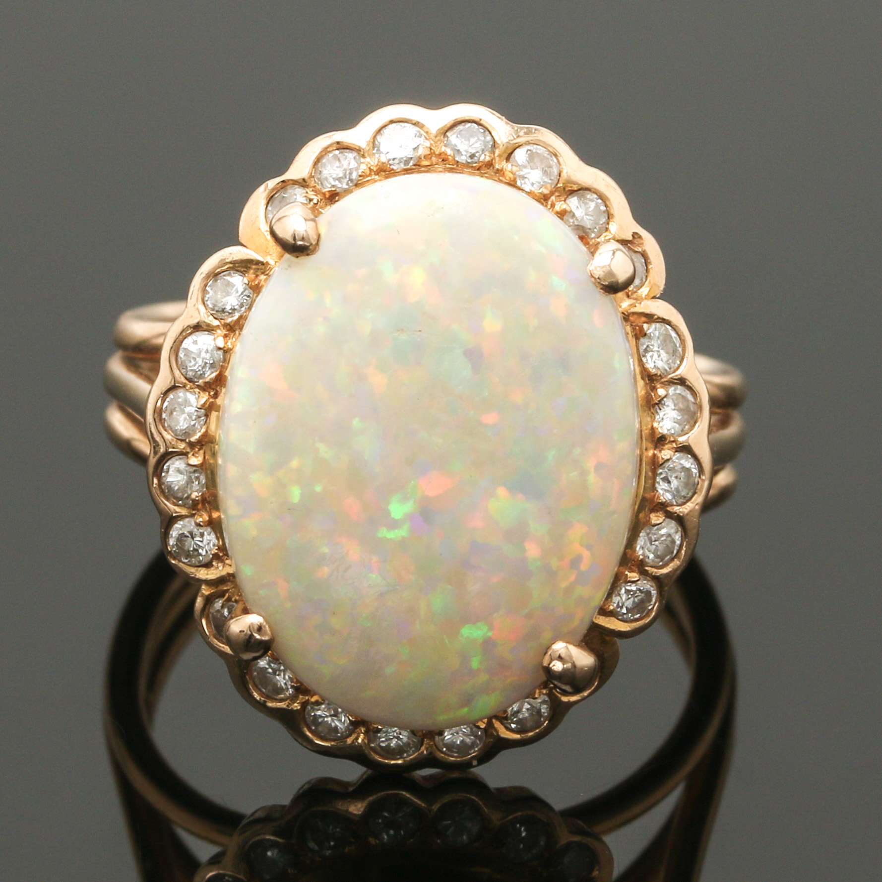 14K Yellow Gold Opal and Diamond Halo Ring