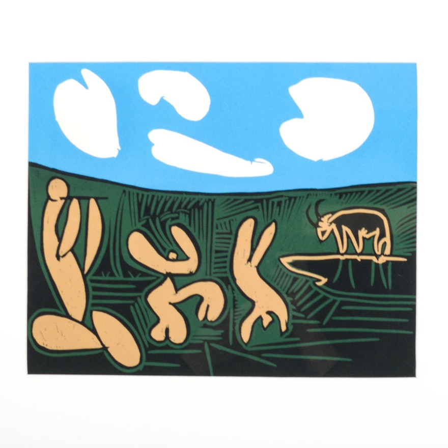 Pablo Picasso 1962 Color Linocut "Bacchanals with Four Clouds"