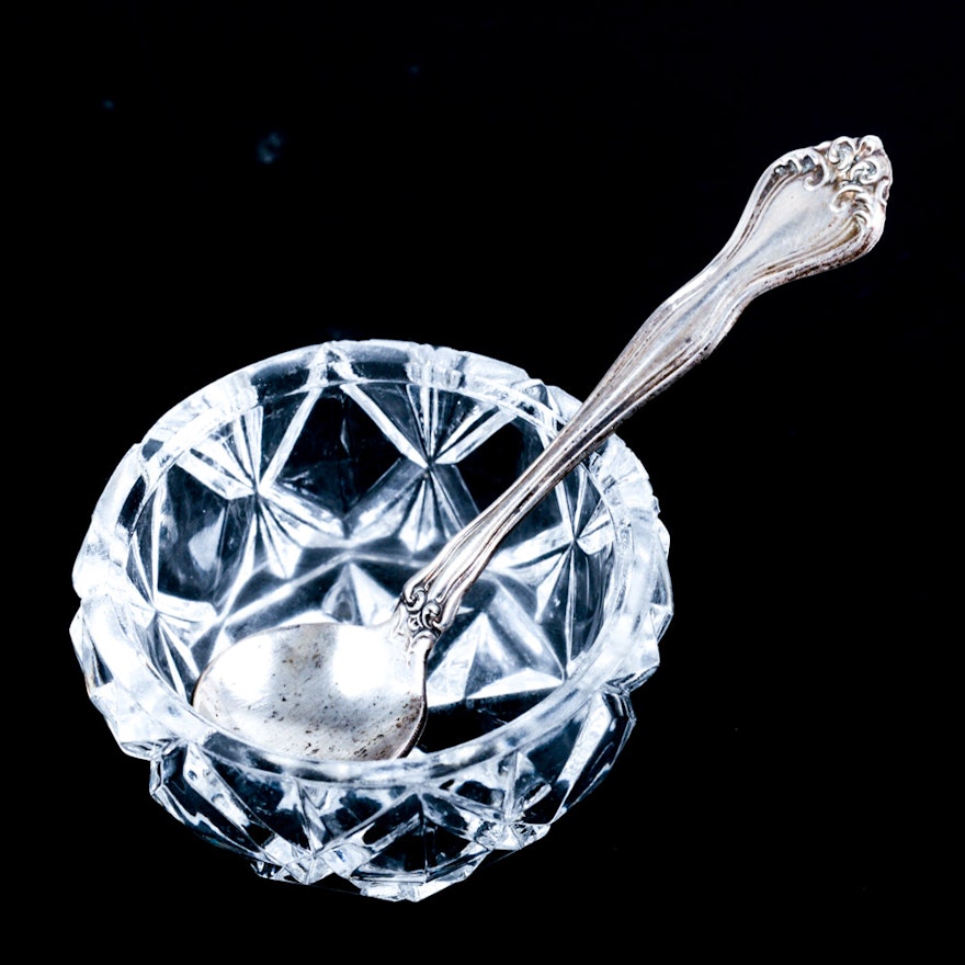 Vintage Westmoreland Sterling Silver Salt Spoon with Crystal Salt Cellar