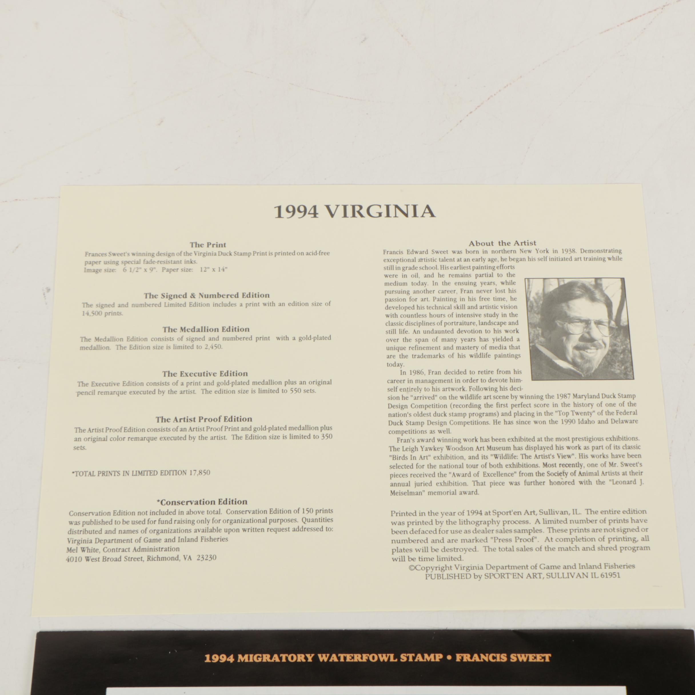 Limited Edition Offset Lithographs of Waterfowl with Commemorative Stamps