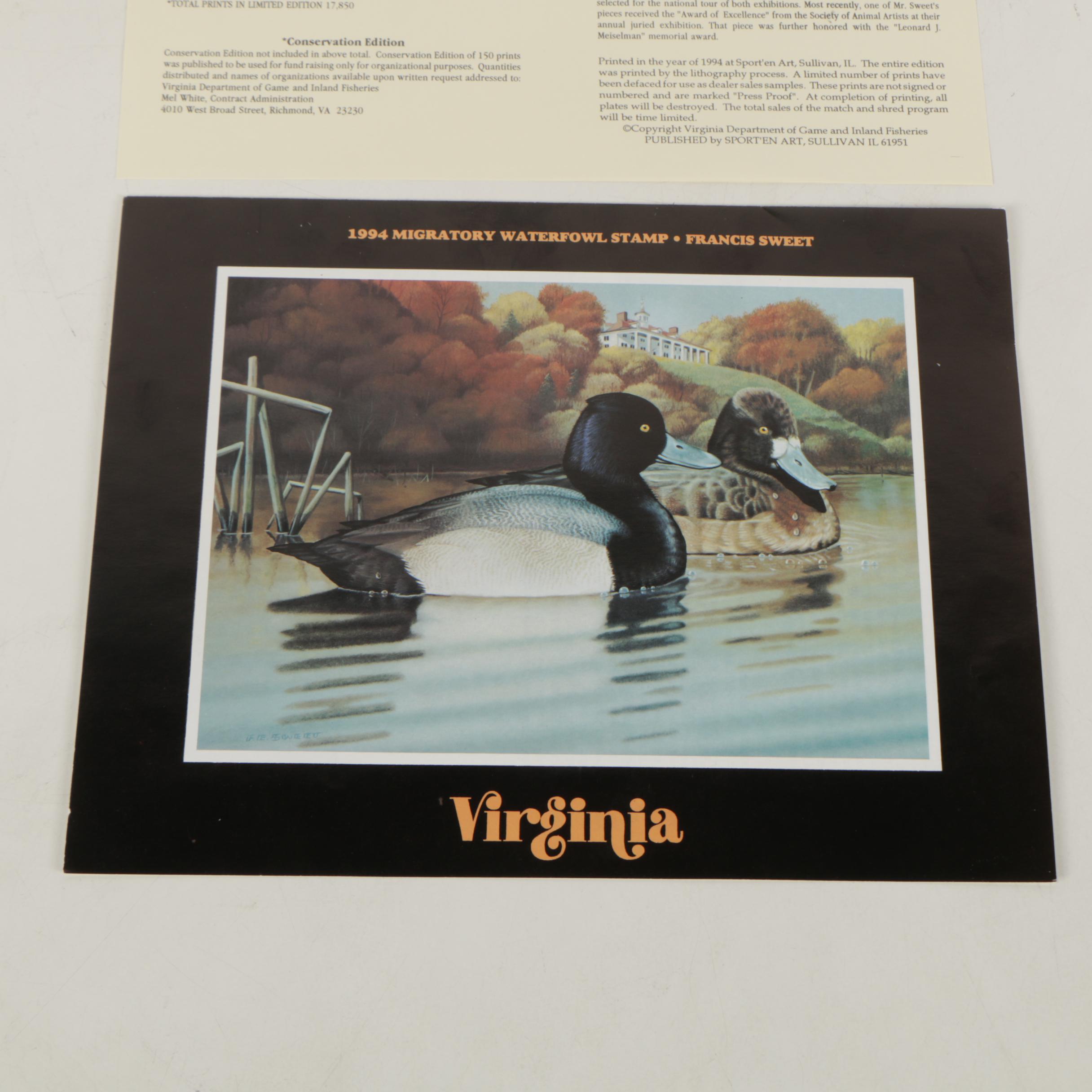 Limited Edition Offset Lithographs of Waterfowl with Commemorative Stamps