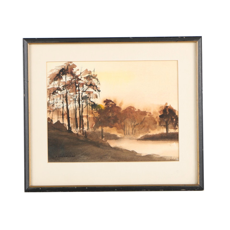 P. Livingston Watercolor Painting of Autumn Landscape