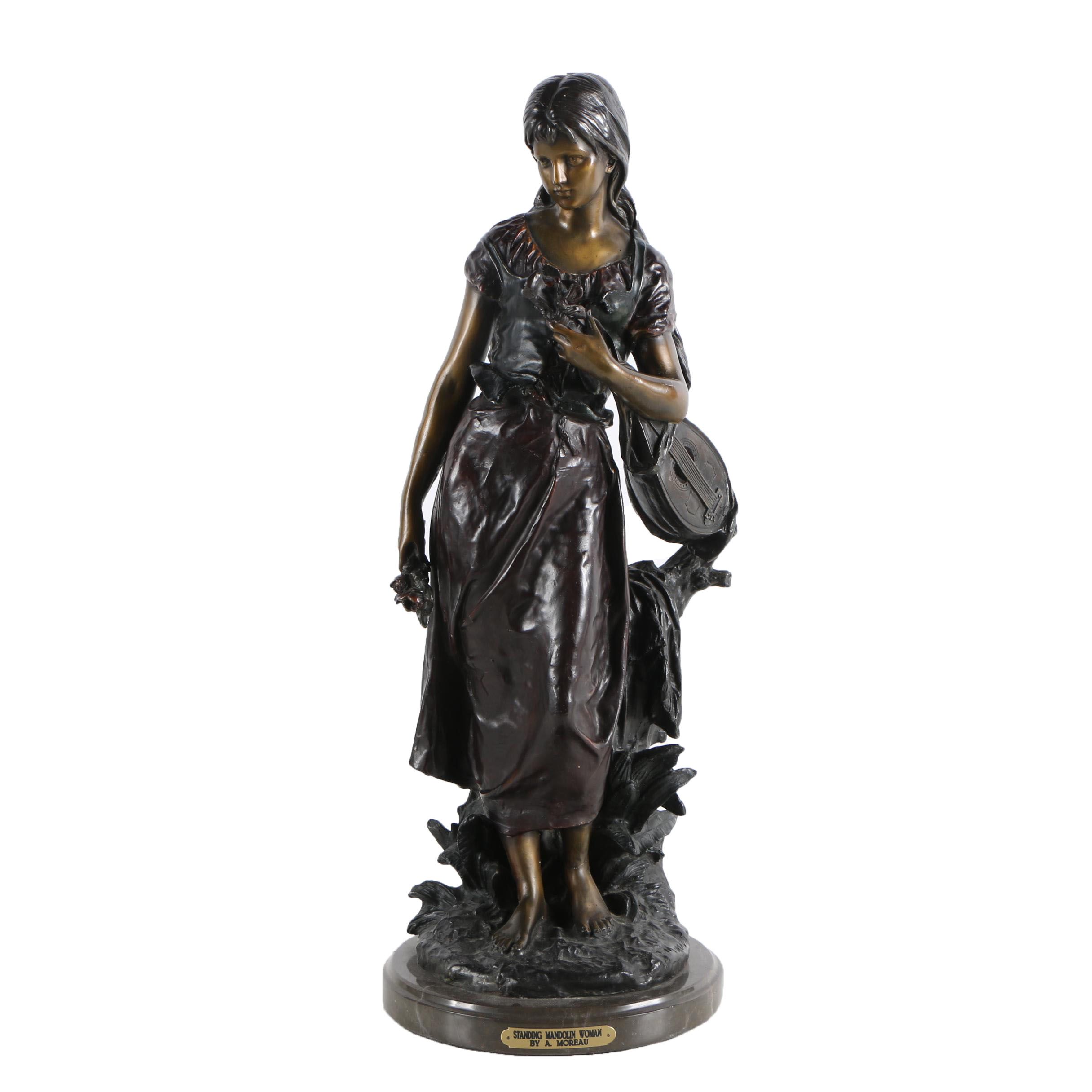 After A. Moreau Brass Sculpture on Marble Base "Standing Mandolin Woman"