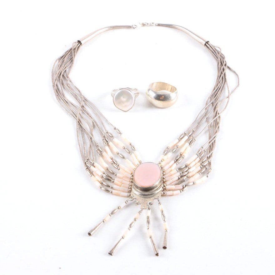Sterling Silver Rings and Shell Necklace Including Cultured Pearls