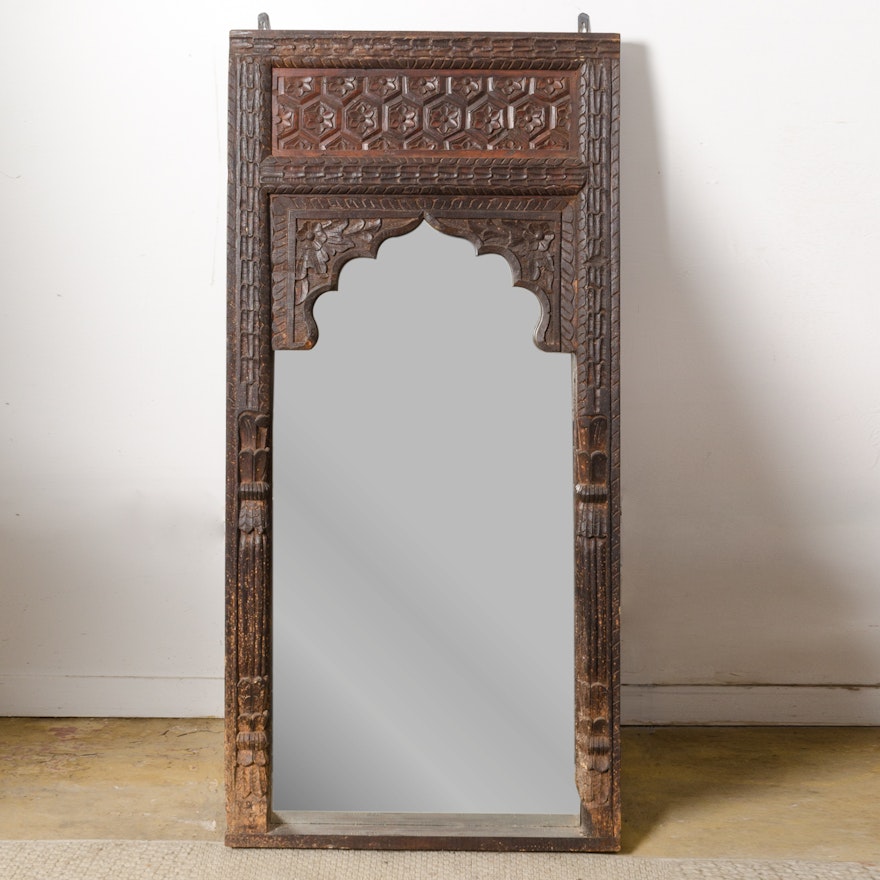 Vintage Carved Wooden Wall Mirror with Arched Frame