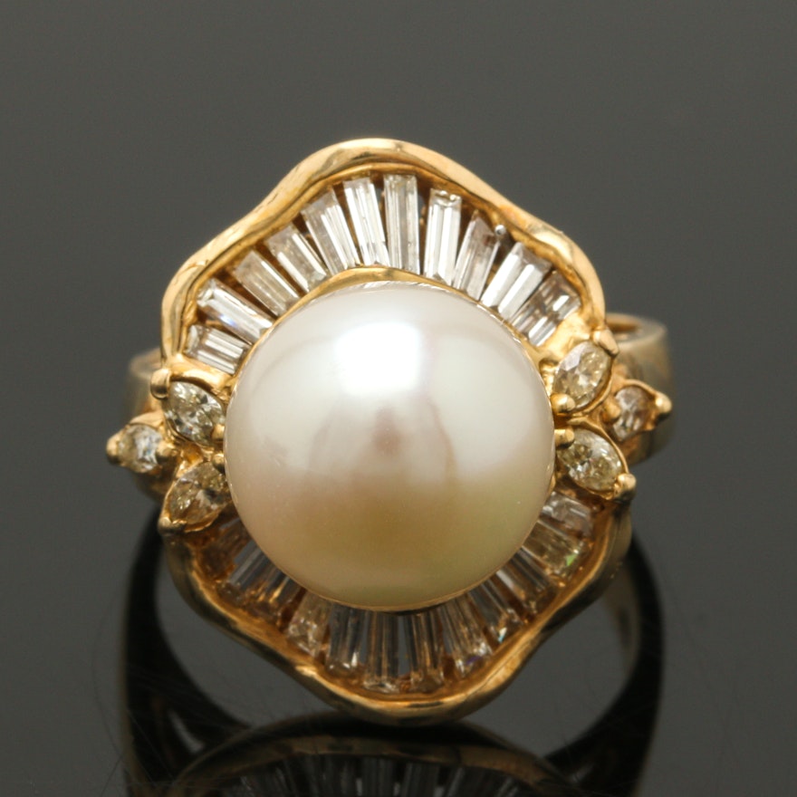 14K Yellow Gold Pearl 1.05 CTW Diamond Ring