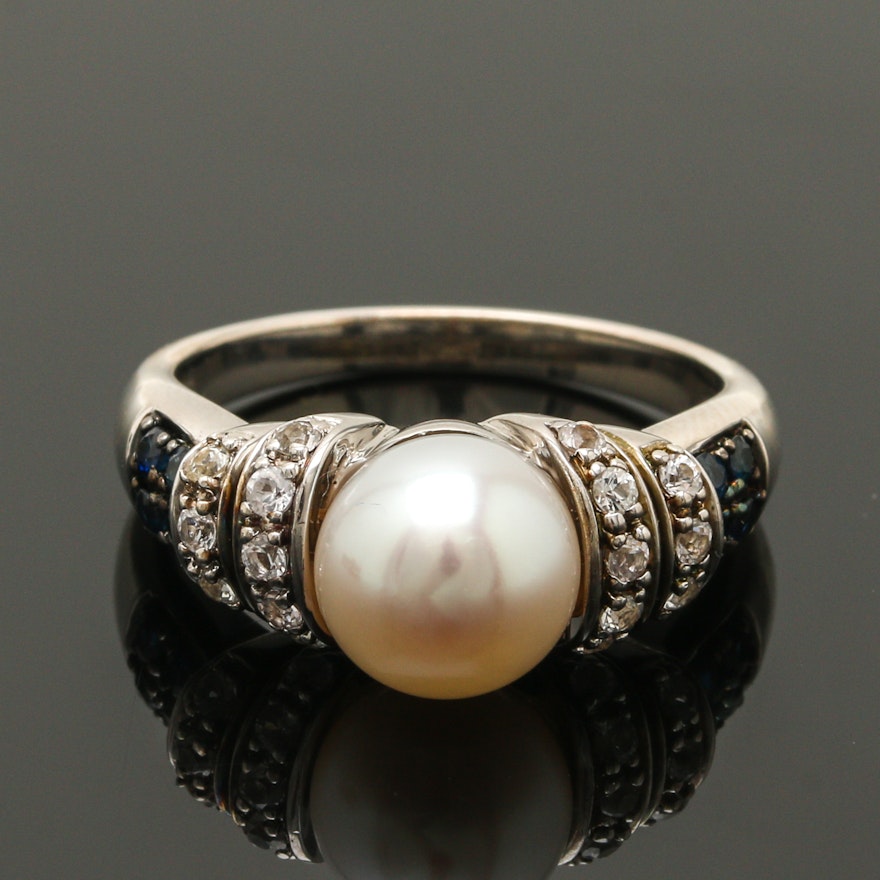 Alwand Vahan Sterling Silver Cultured Pearl and Sapphire Ring