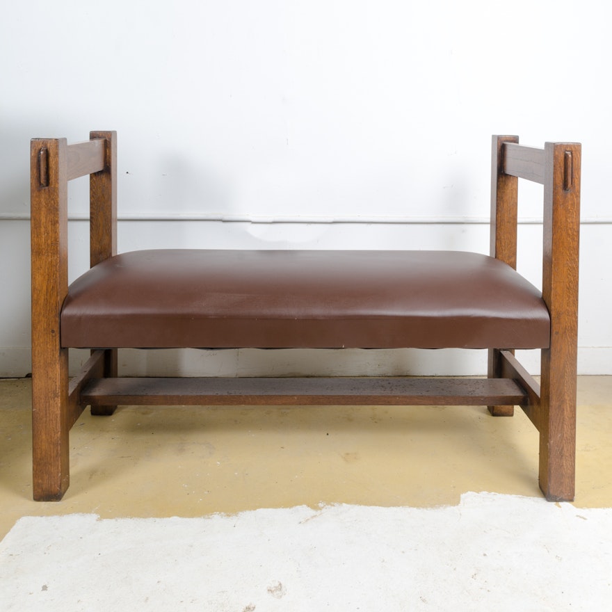 Mission Style Oak Bench with Leather Seat