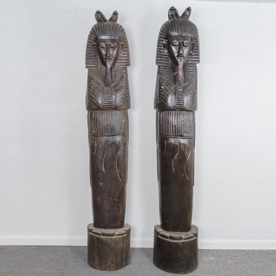Pair of Carved Wooden Pharaoh Statues