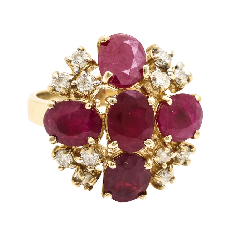 14K Yellow Gold 8.10 CTW Ruby and Diamond Cluster Ring