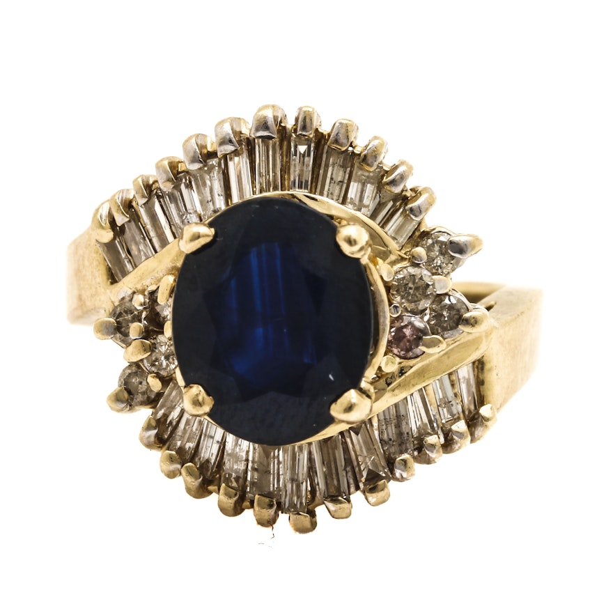 14K Yellow Gold 2.61 CT Sapphire and Diamond Ring