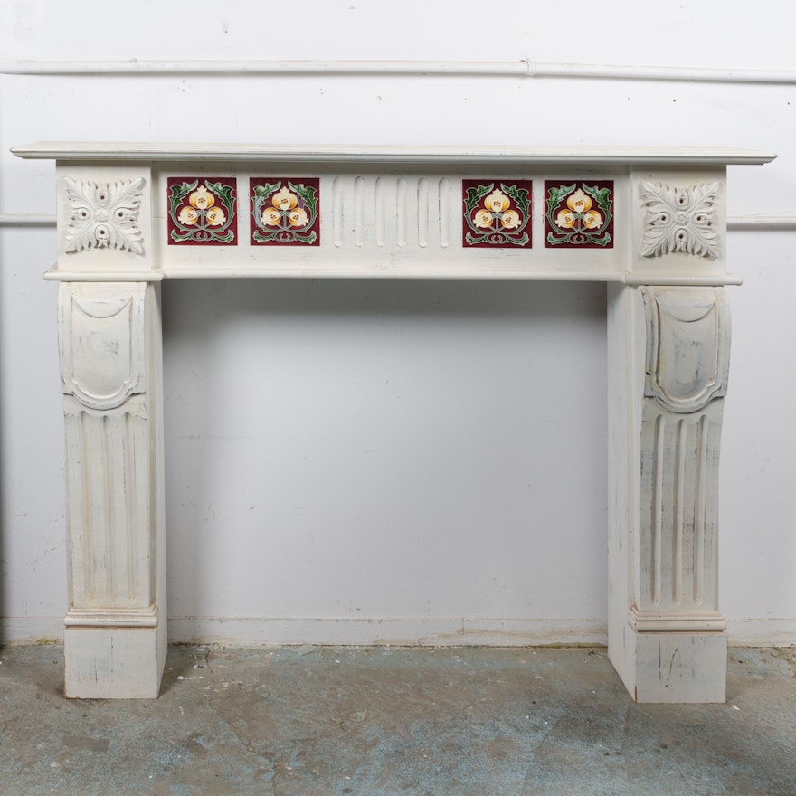 Vintage Wooden Fireplace Mantel with Floral Tiles