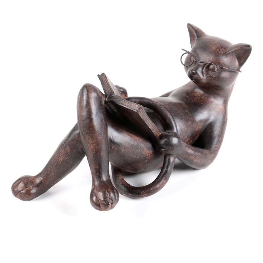 Young's Bespectacled Resin Cat Reading Sculpture