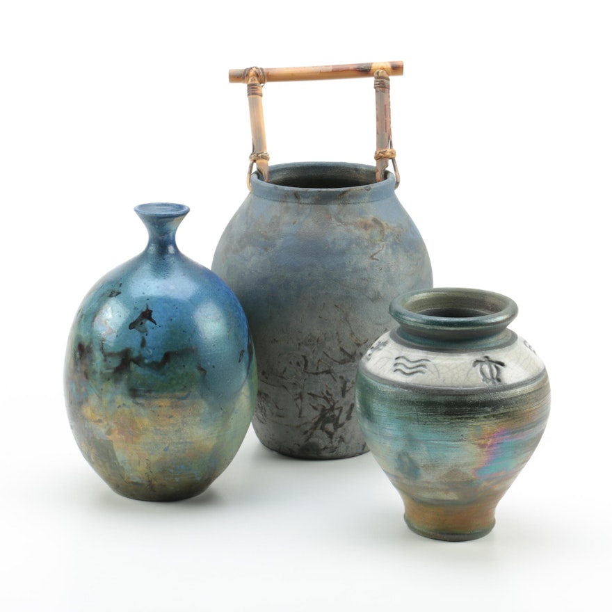 Hand Thrown and Signed Stoneware Raku Vases