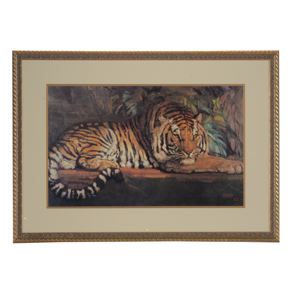 Offset Lithograph Print on Paper after Paul Jouve Painting of a Tiger