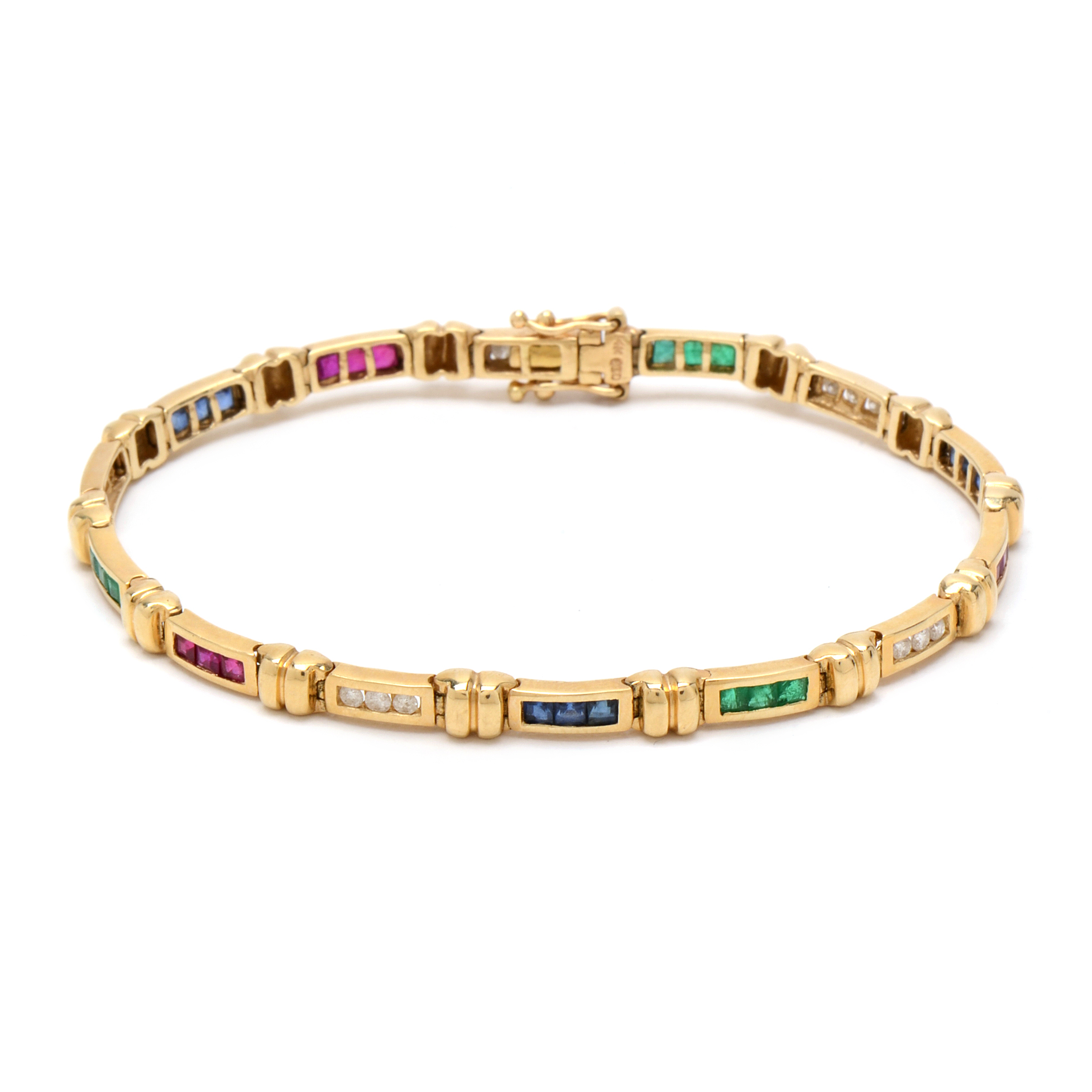 14K Yellow Gold Diamond, Natural Emerald, Blue Sapphire, and Ruby Bracelet