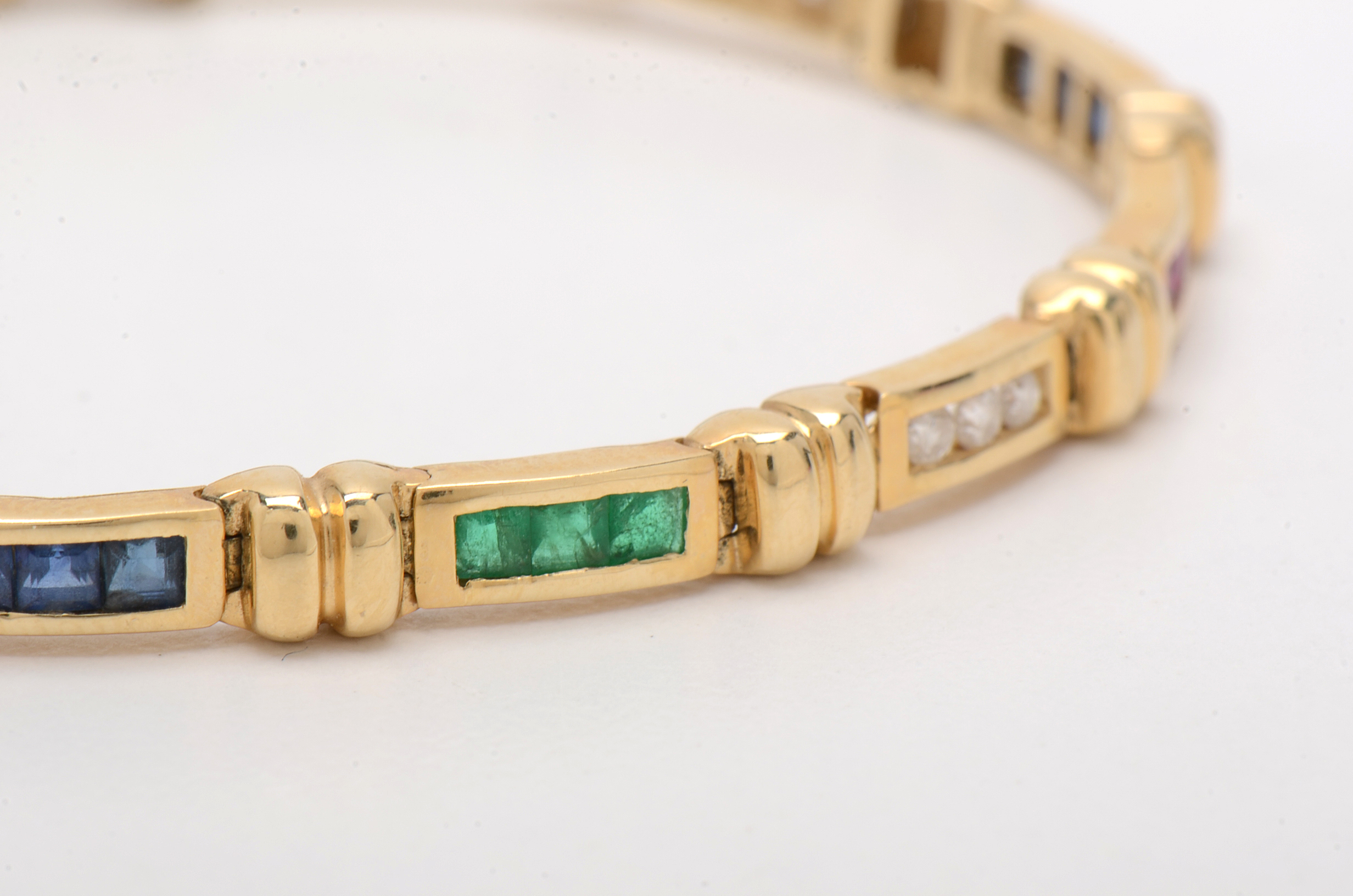 14K Yellow Gold Diamond, Natural Emerald, Blue Sapphire, and Ruby Bracelet