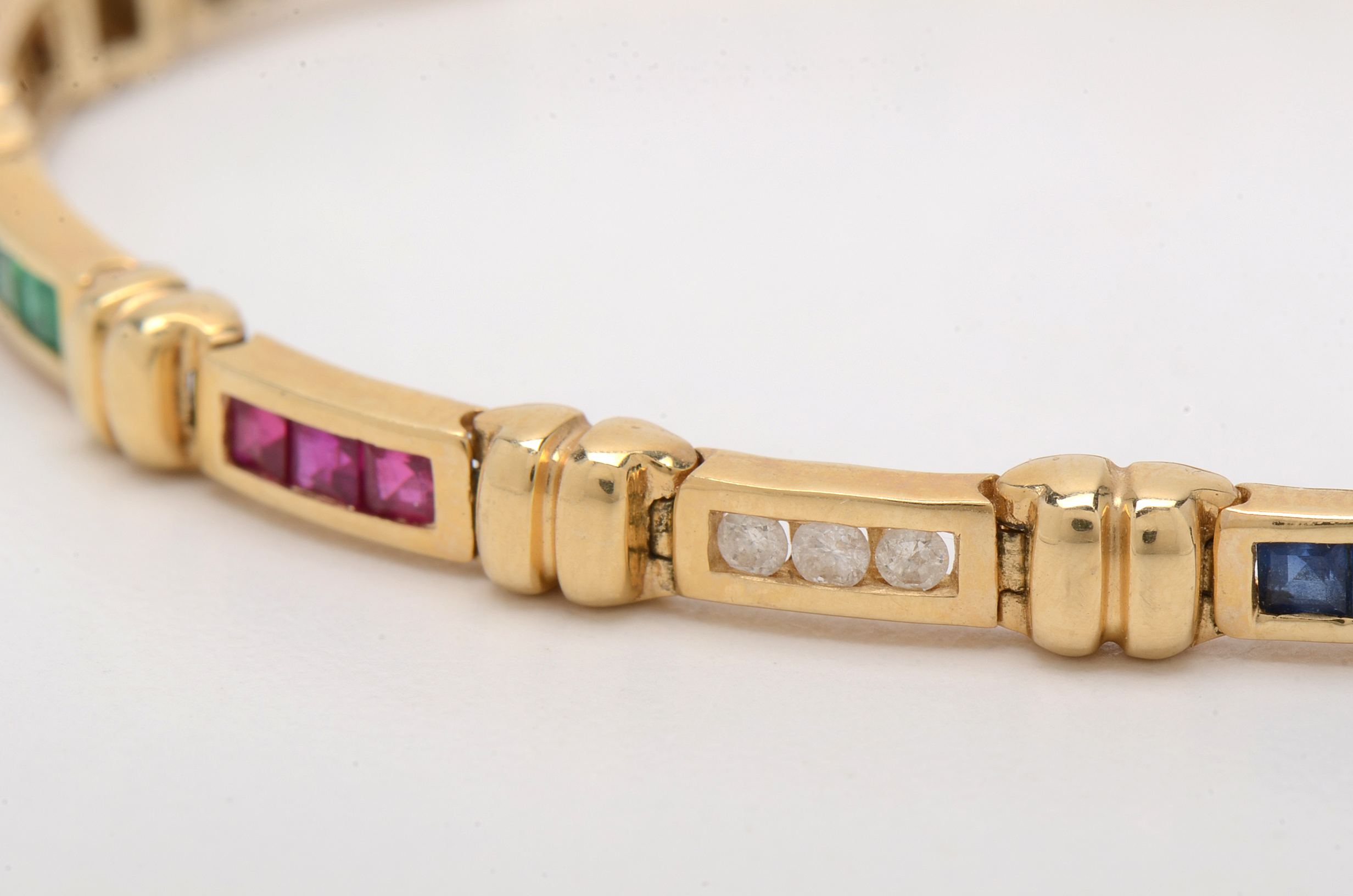 14K Yellow Gold Diamond, Natural Emerald, Blue Sapphire, and Ruby Bracelet