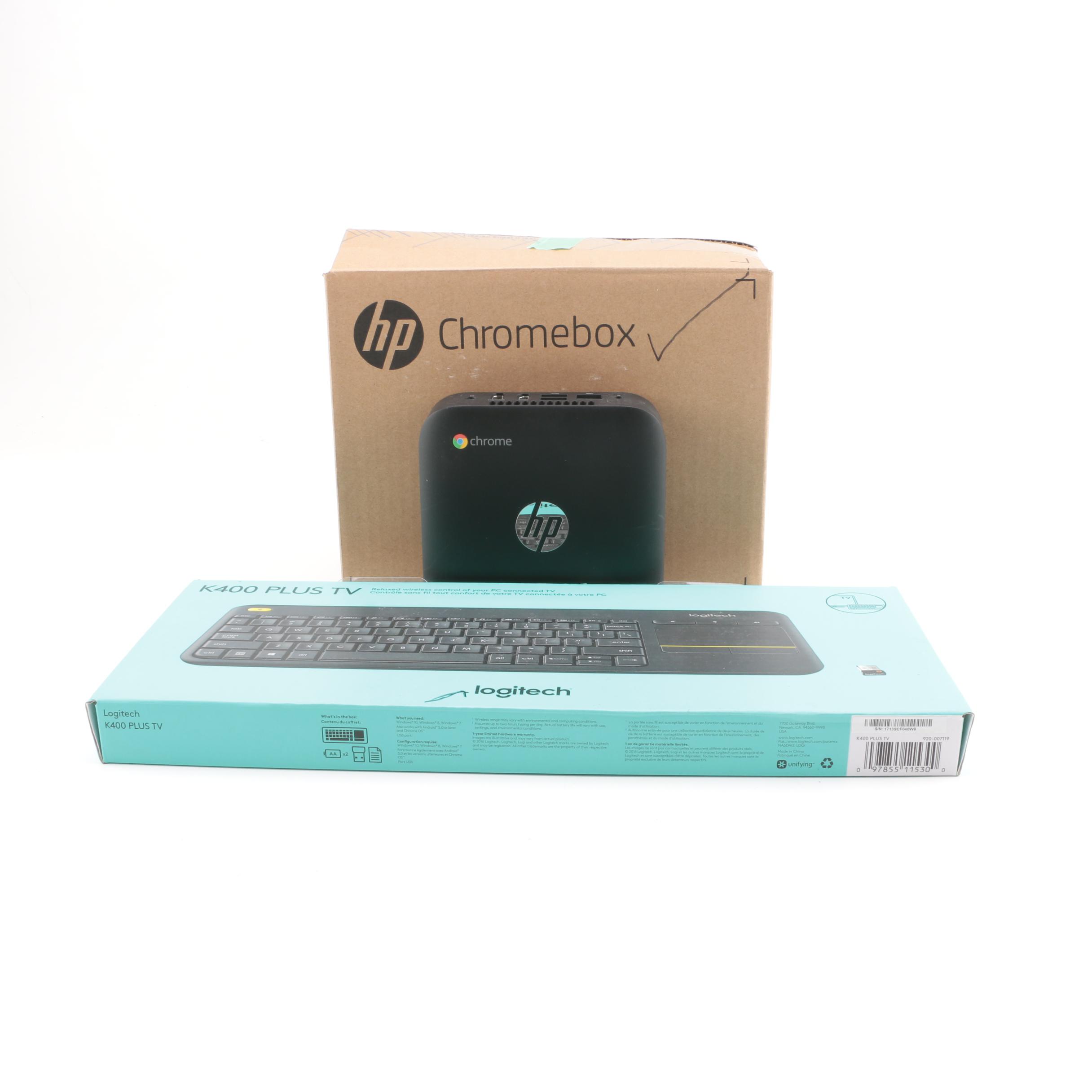 HP Chromebox Desktop Computer with Logitech Wireless Keyboard