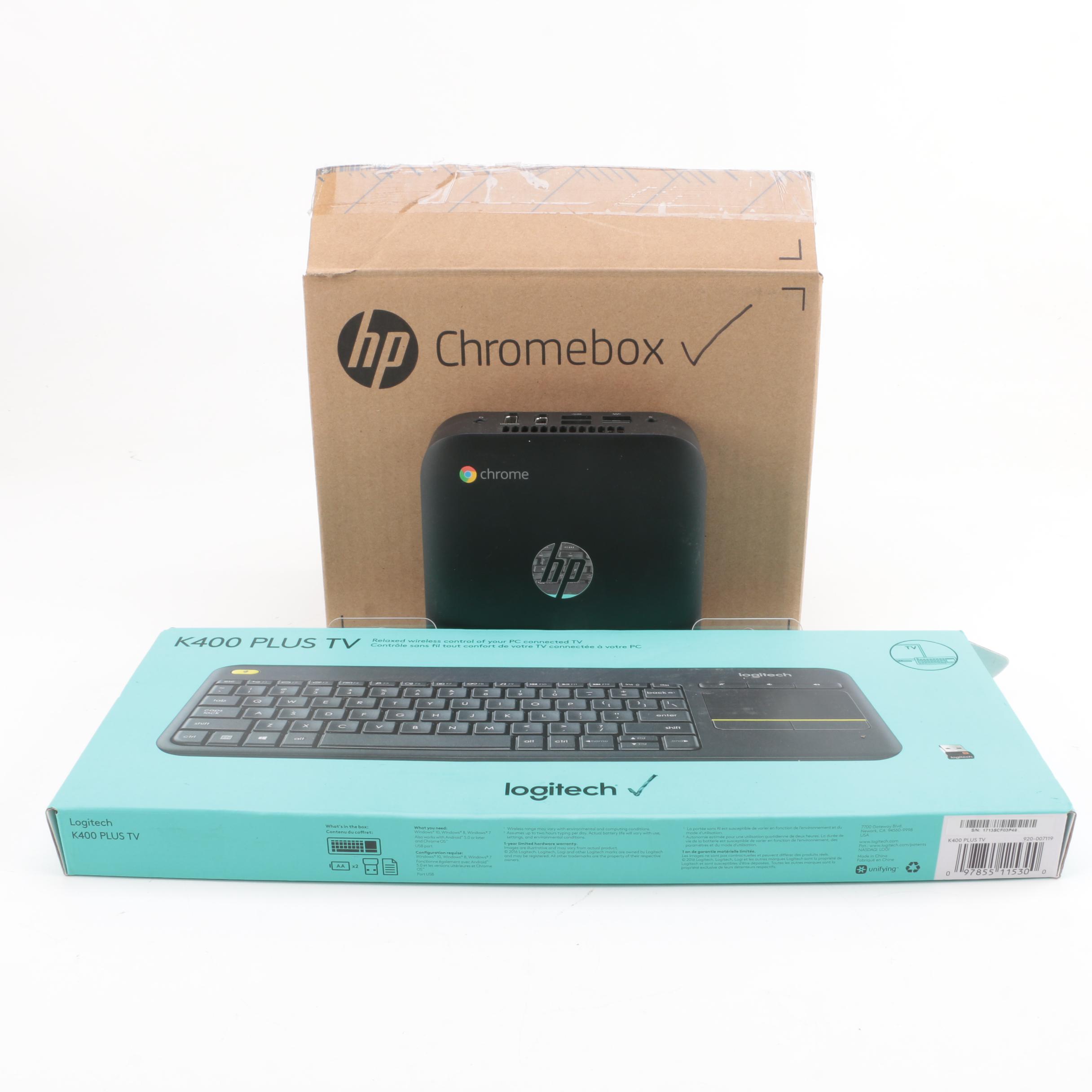 HP Chromebox Desktop Computer with Logitech Wireless Keyboard