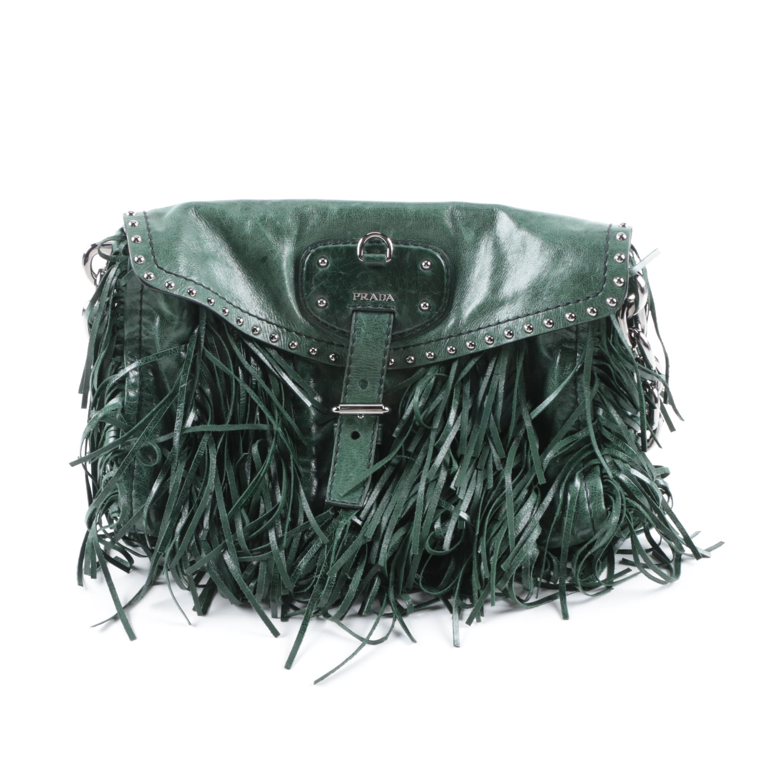 Prada Green Leather Vitello Shine Fringe Satchel
