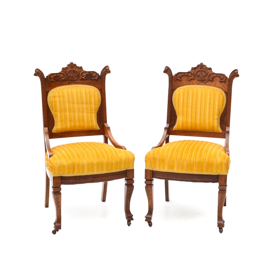 Antique Victorian Side Chairs with Yellow Upholstery