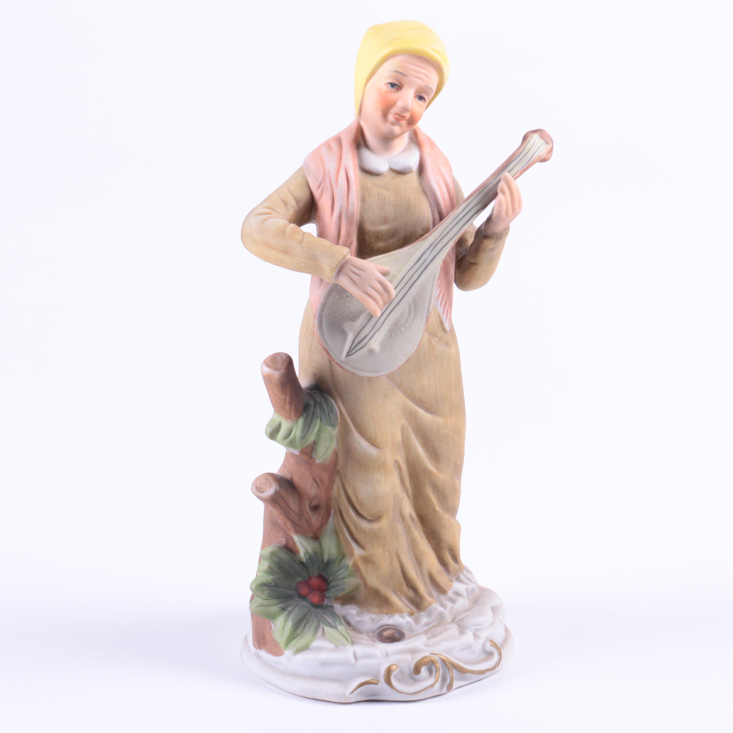 Vintage UCGC Japan "Old Woman Playing Mandolin" Bisque Porcelain Figurine