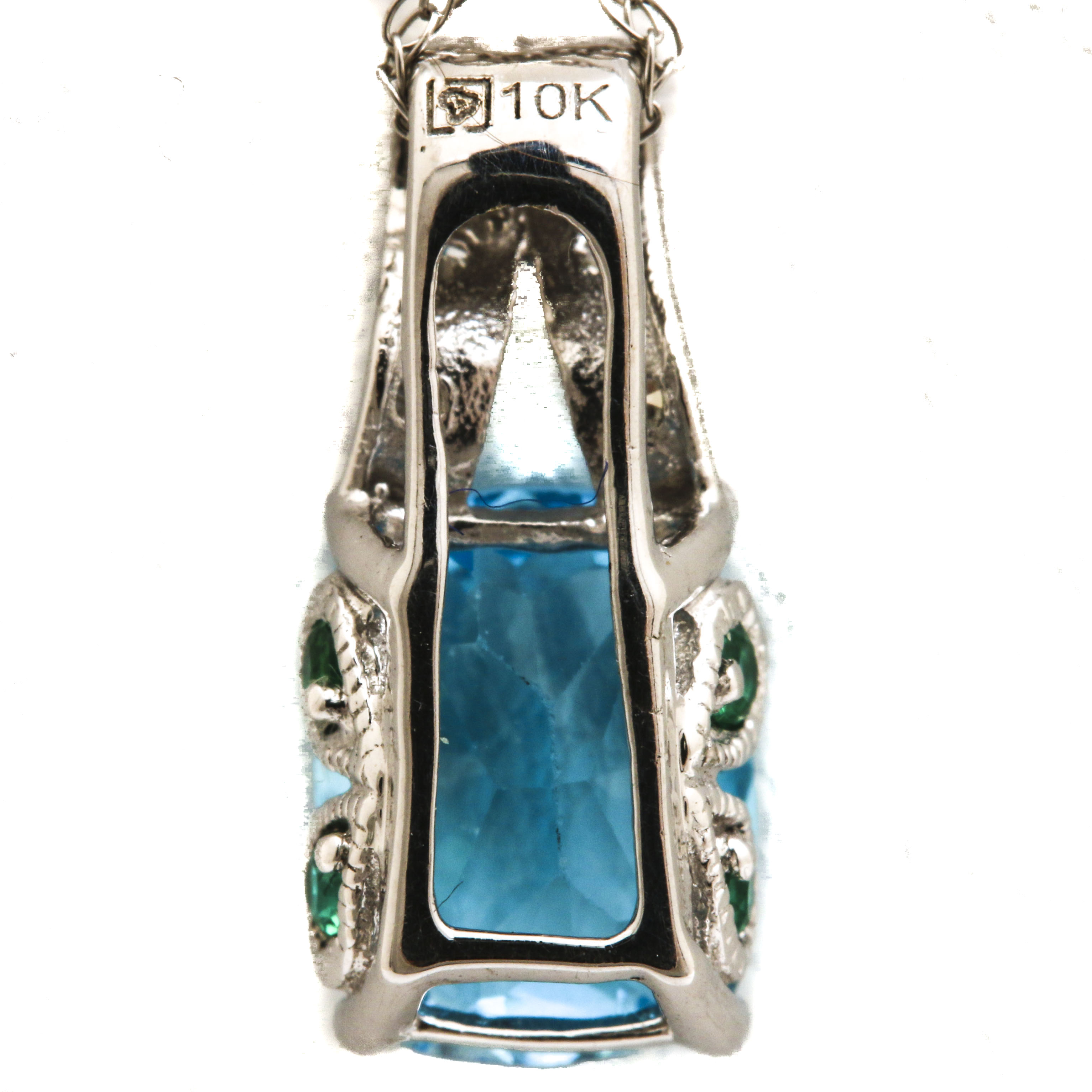 10K White Gold Topaz Emerald And Diamond Pendant Necklace