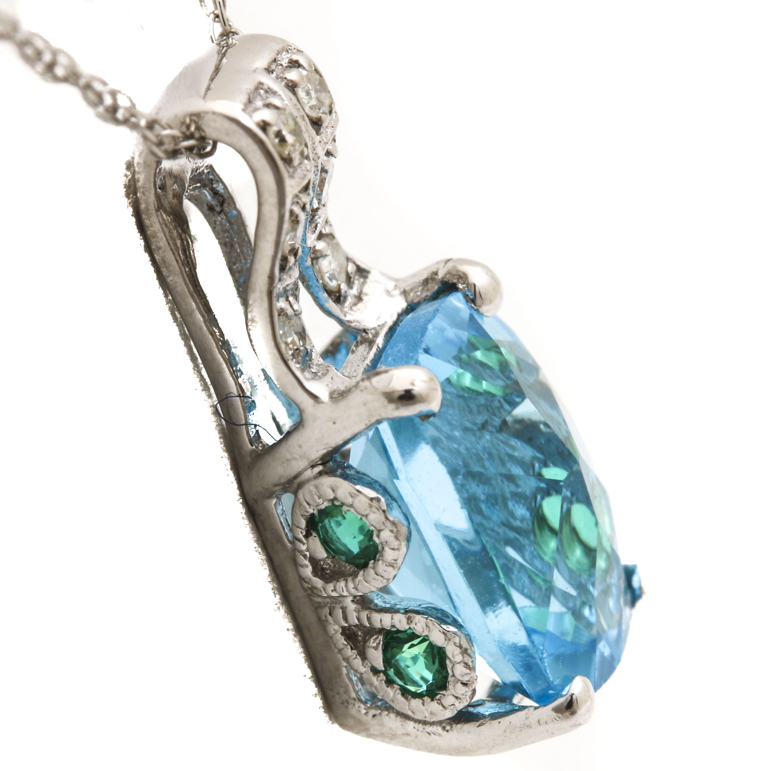 10K White Gold Topaz Emerald And Diamond Pendant Necklace