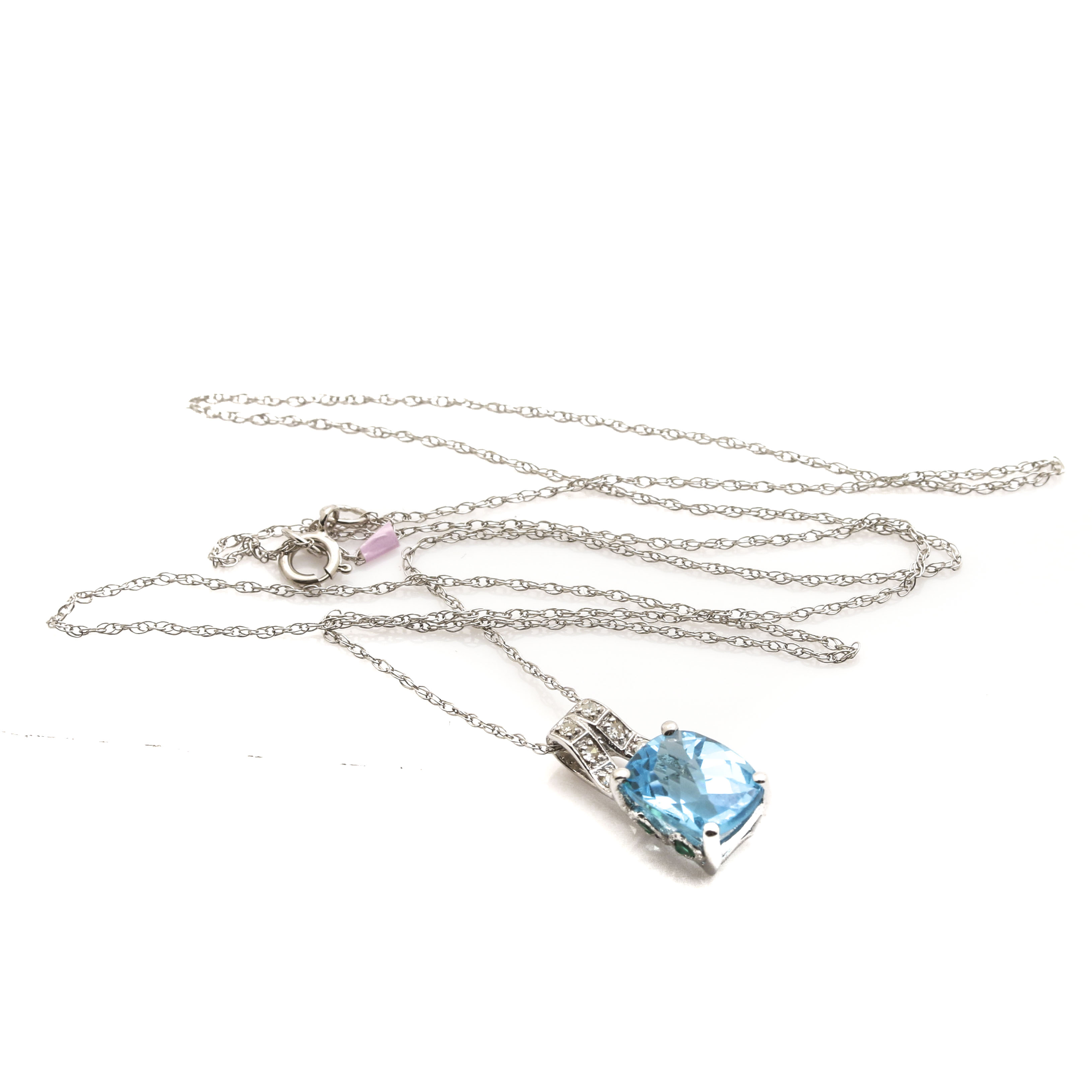 10K White Gold Topaz Emerald And Diamond Pendant Necklace