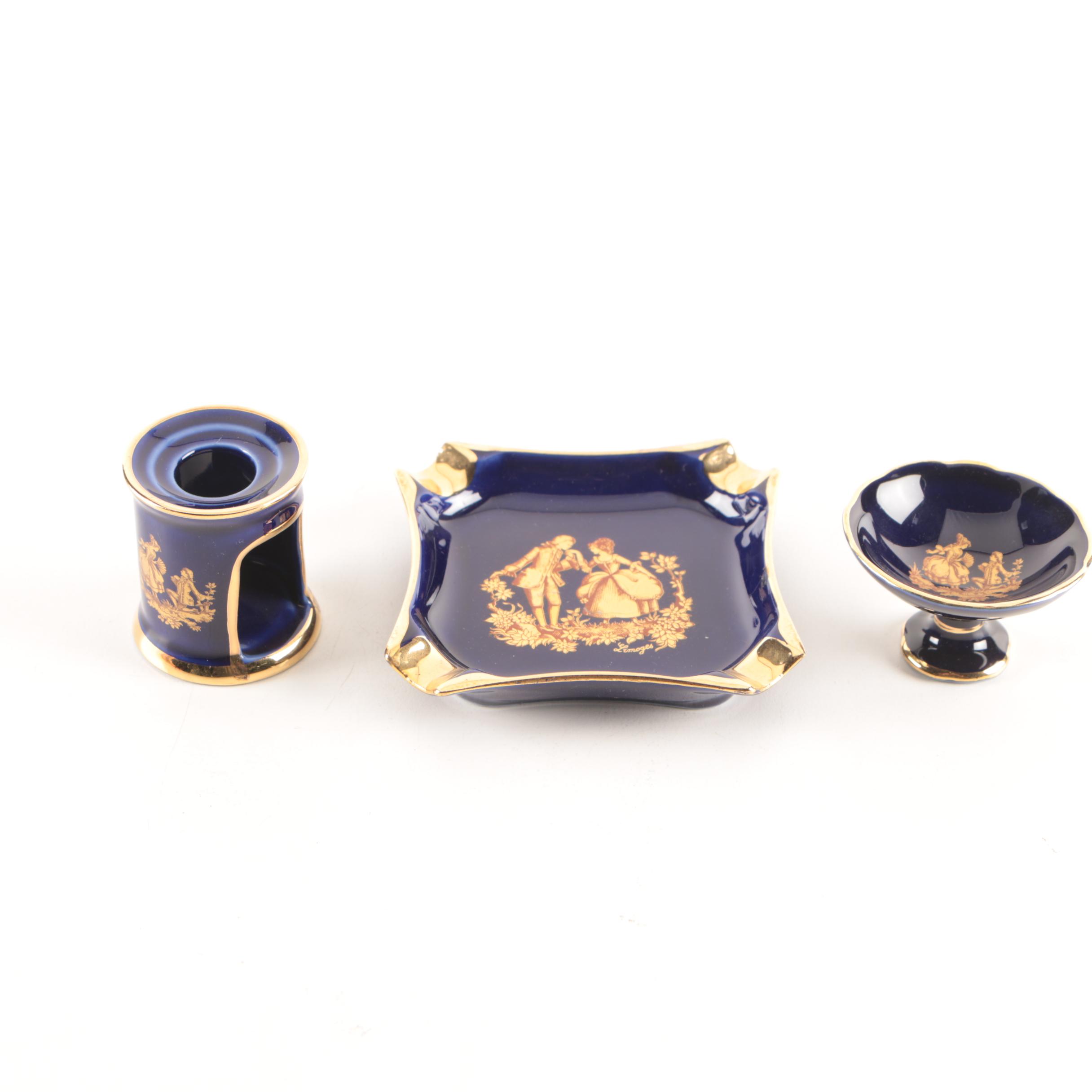 Limoges French Porcelain Ash Receivers and Compote with Courting Scene Motif