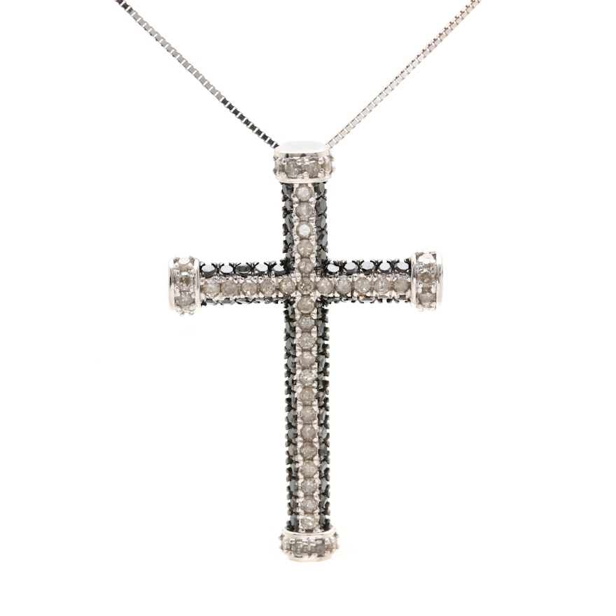 10K White Gold 1.01 CTW Diamond Cross Pendant Necklace