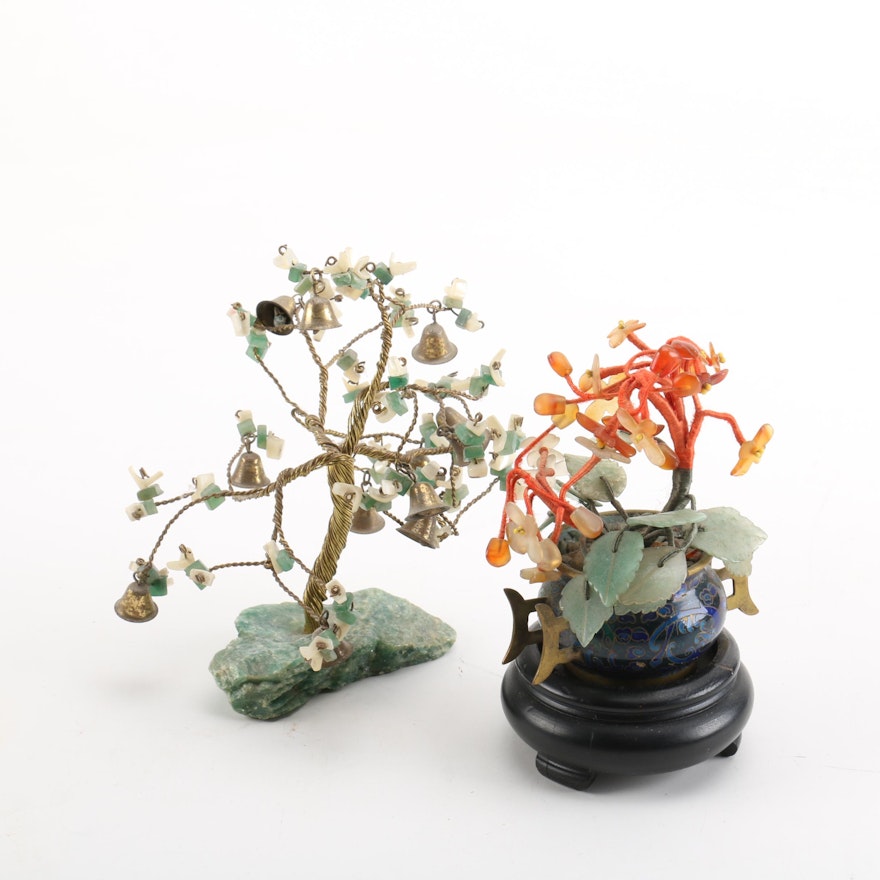 Asian Style Floral Quartz, Shell and Calcite Bonsai Trees
