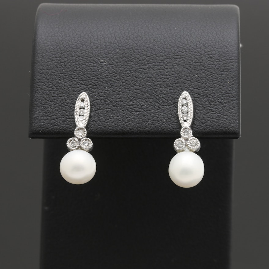 10K White Gold Cultured Pearl and Diamond Earrings