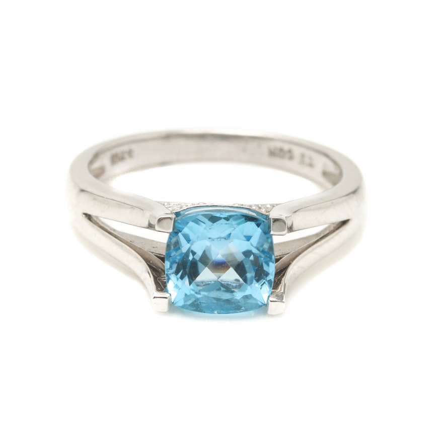 Helzberg 10K White Gold Blue Topaz and Diamond Ring