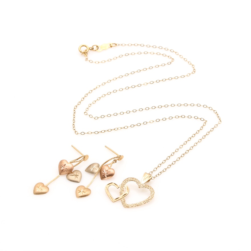 14K Yellow Gold Heart Necklace and Earring Set With Rose Gold Accents