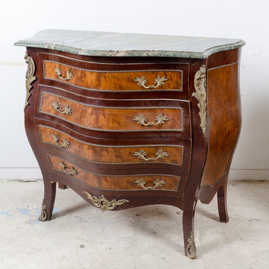 Louis XV Style Mahogany and Burled Walnut Bombé Chest of Drawers