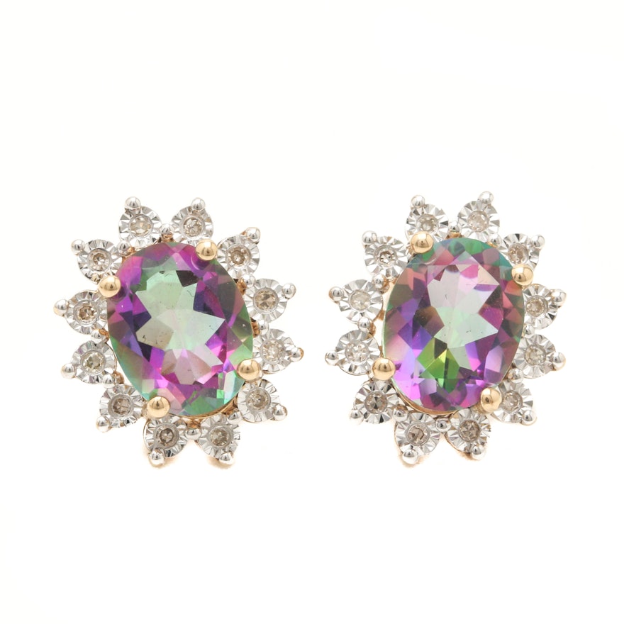 14K Yellow Gold Mystic Topaz and Diamond Earrings