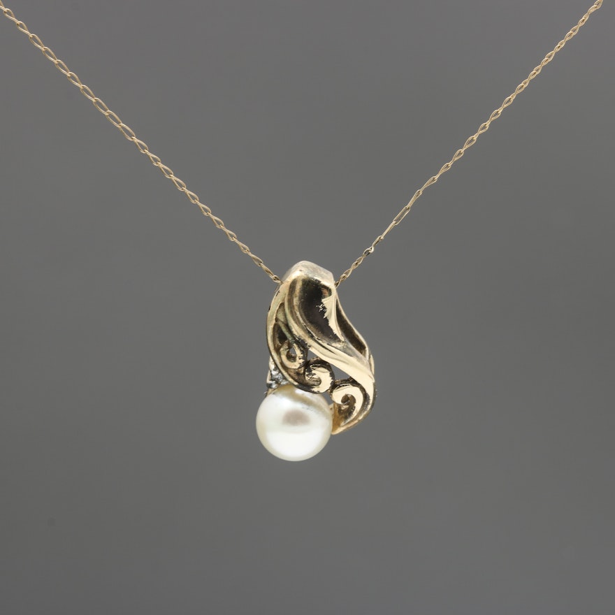 10K Yellow Gold Pearl Diamond Pendant Necklace