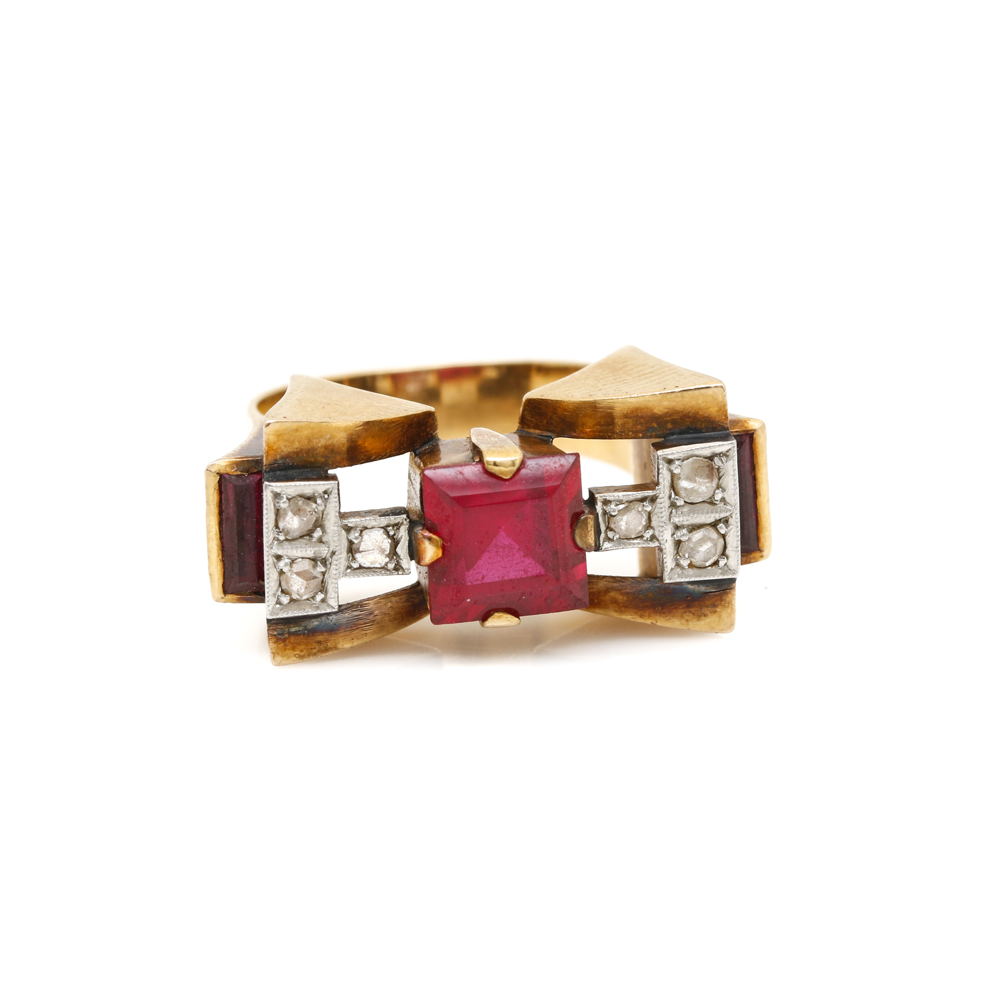 18K Yellow Gold Ruby and Diamond Ring with Platinum Accents