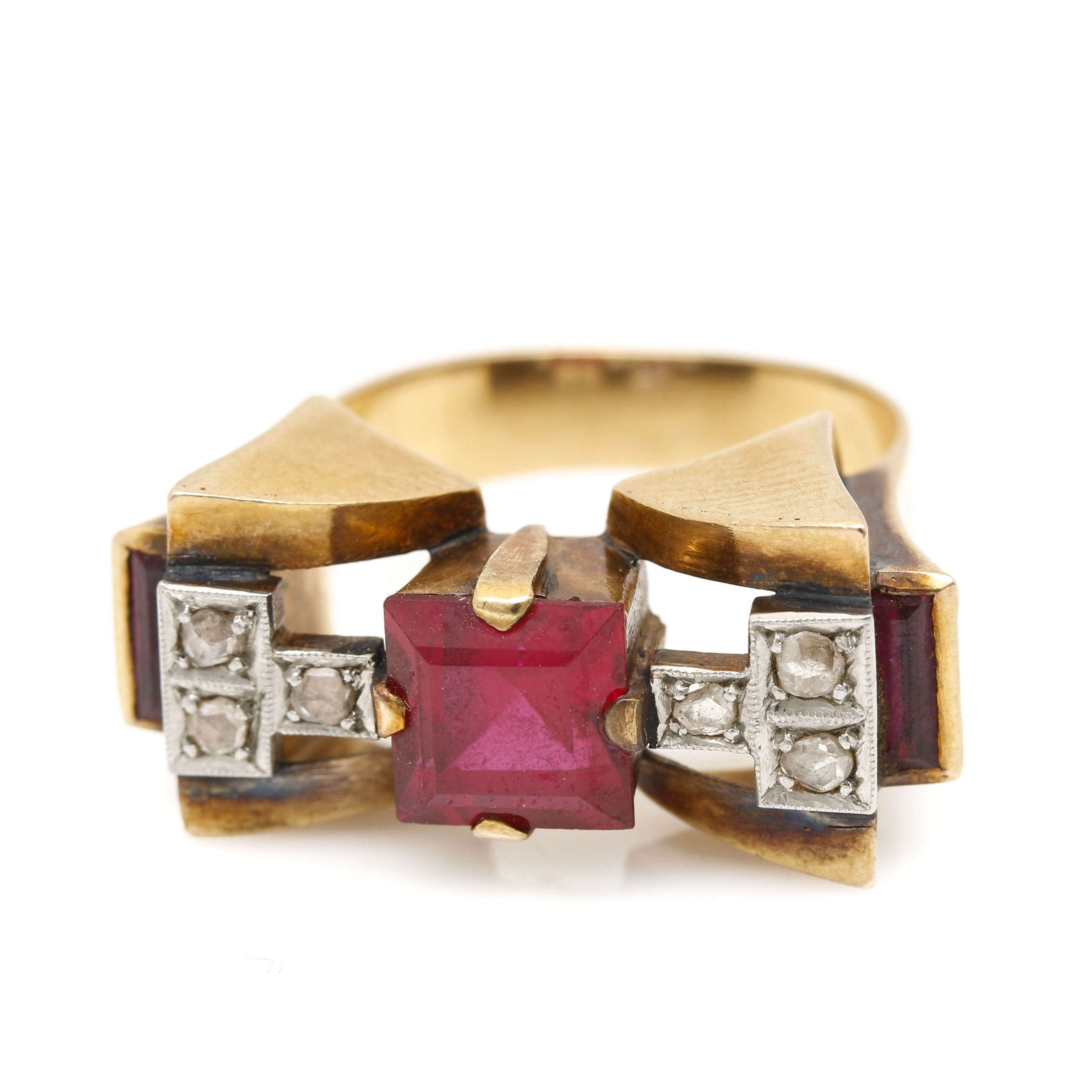 18K Yellow Gold Ruby and Diamond Ring with Platinum Accents